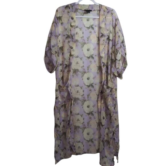 Steve Madden Purple Floral Chiffon Sheer Open Front Kimono Duster Pockets OSFM - Picture 2 of 7